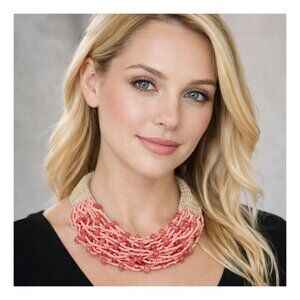 Tigerstars Multi Strand Pink Woven Seed Beaded Collar Statement Necklace